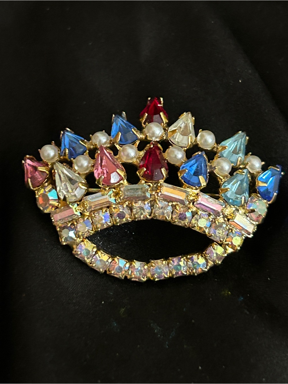 Vintage Multicolor Rhinestone Crown Brooch